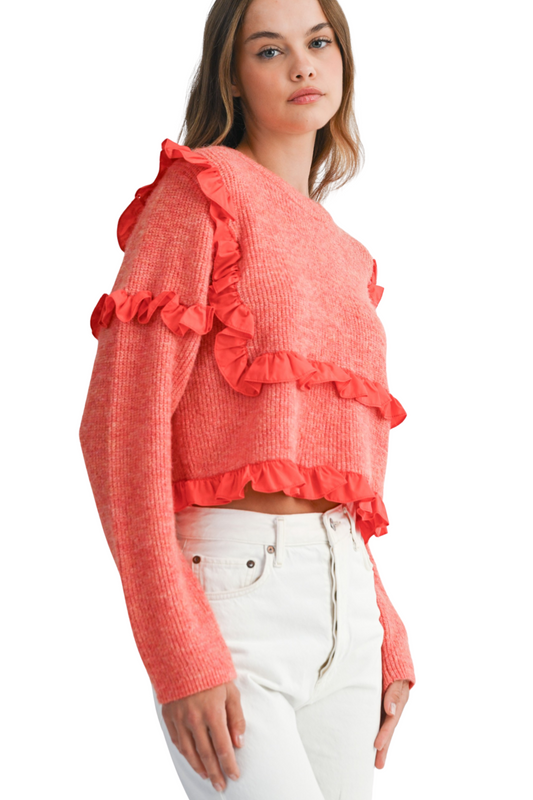 Crew Neck Ruffle Detailed Cropped Knit Sweater
