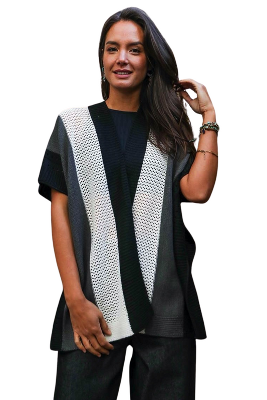 Grayscale Striped Knit Poncho Wrap