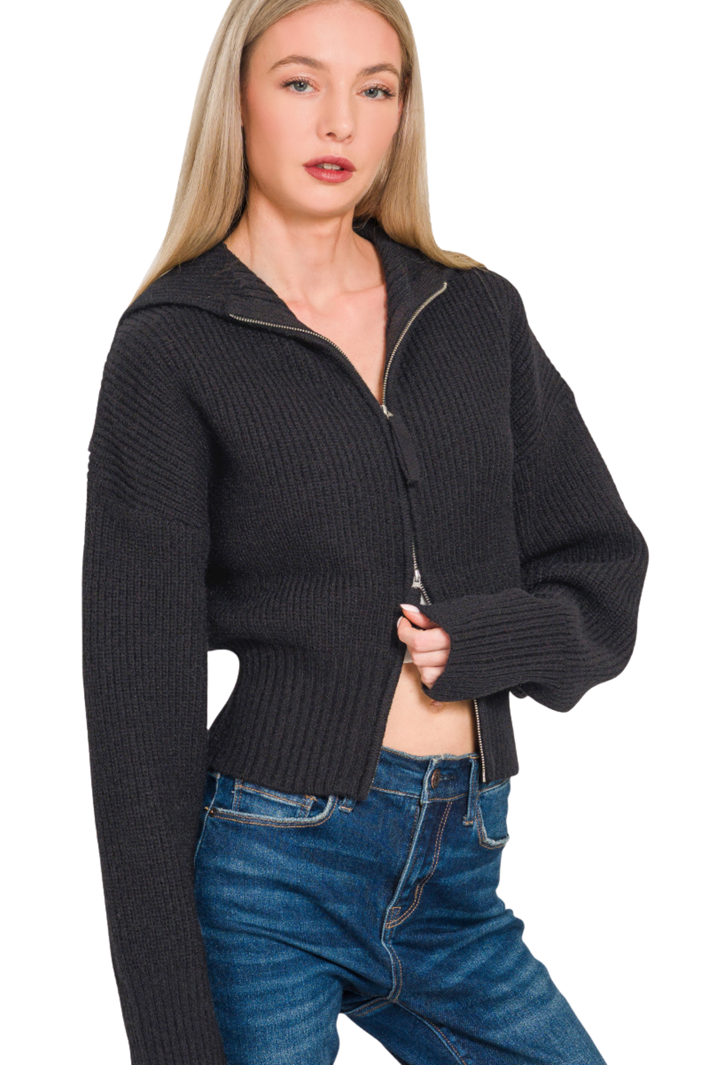 Collared Zip Up Knit Sweater
