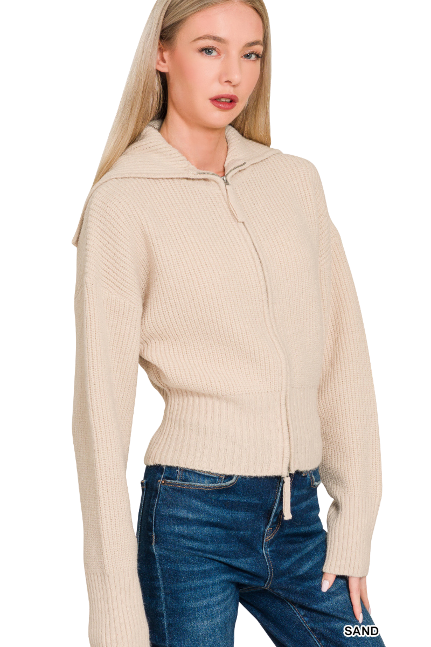 Collared Zip Up Knit Sweater