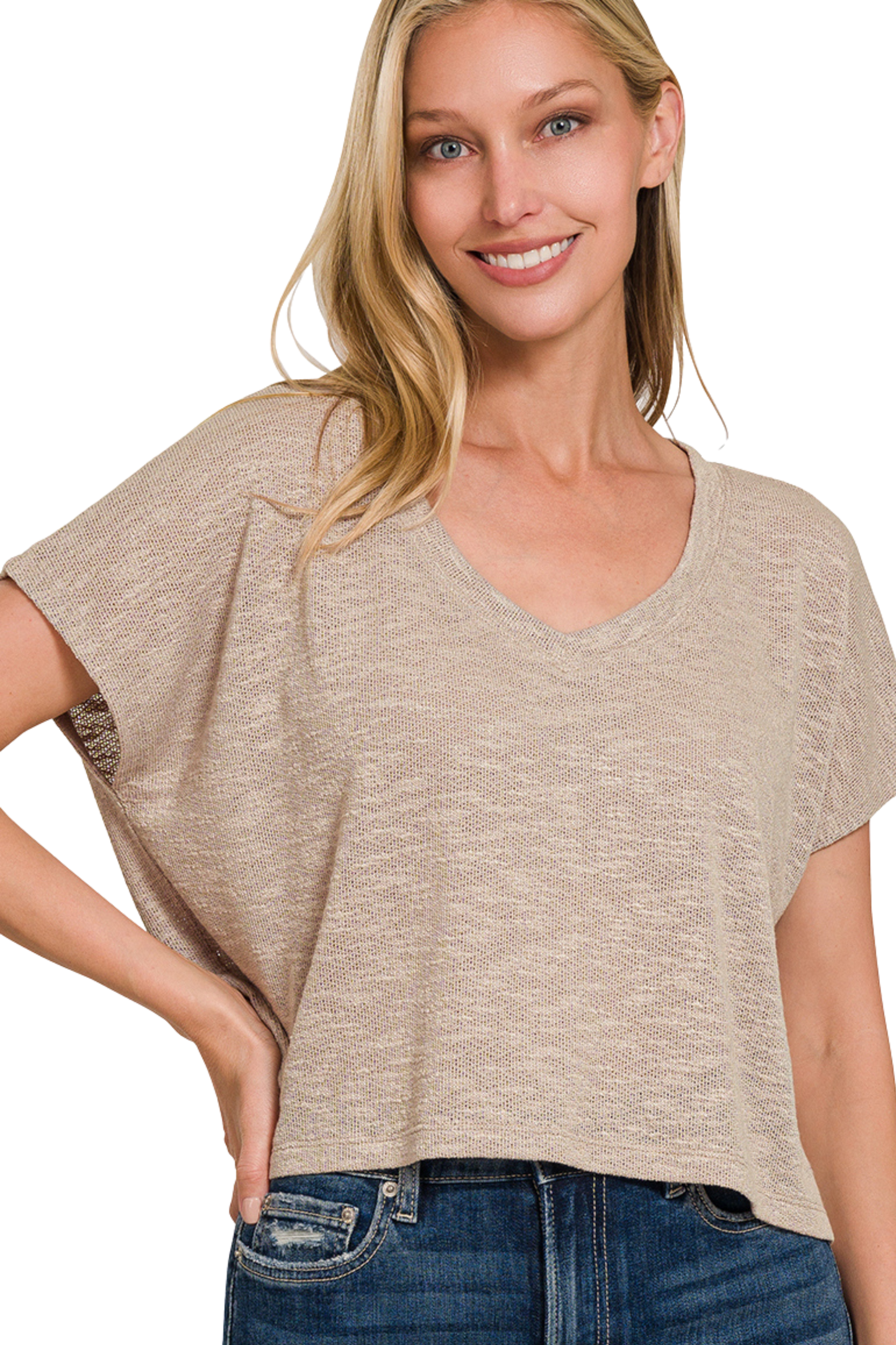 Relaxed Drop Shoulder Boxy V Neck Crop Tee
