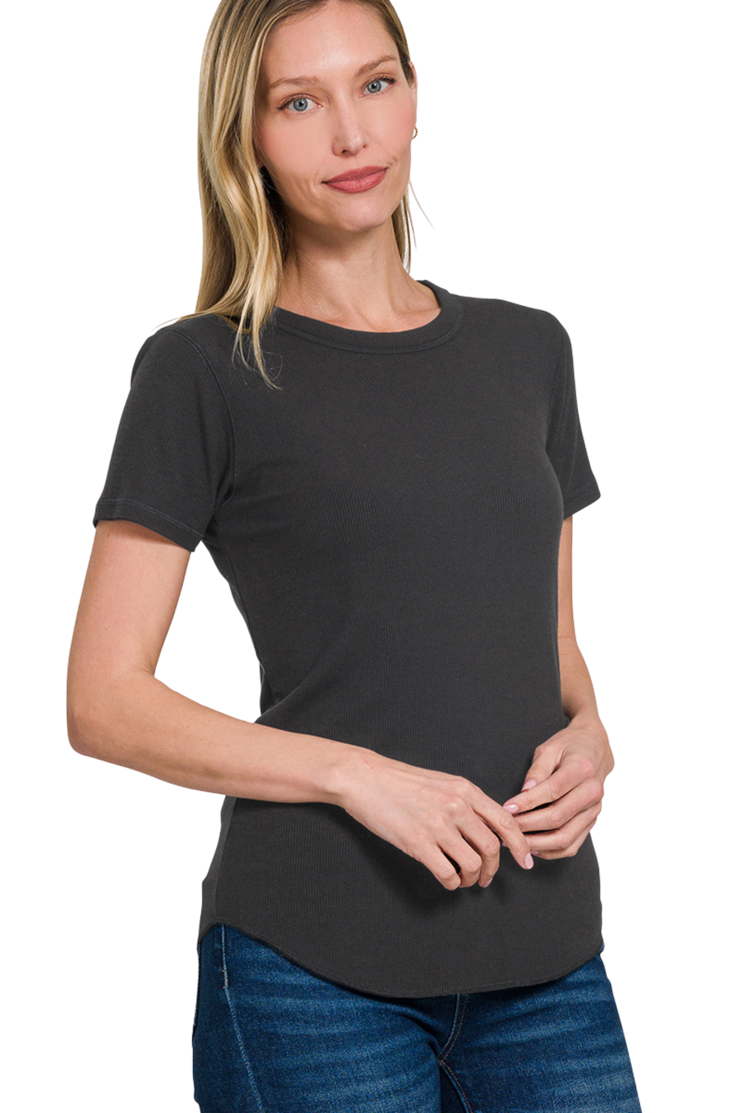 Ribbed Curved Hem Round Neck Tee