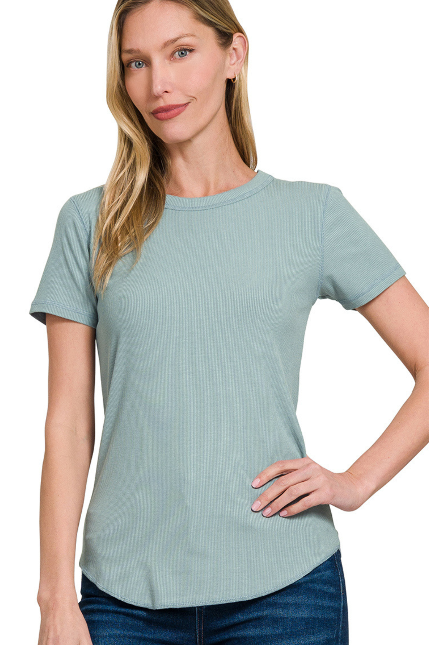 Ribbed Curved Hem Round Neck Tee