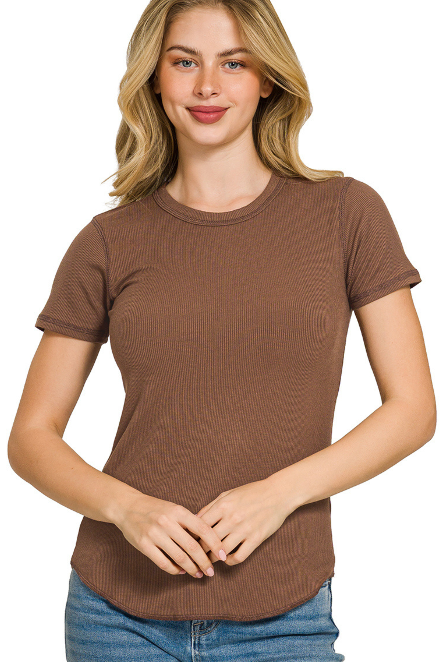 Ribbed Curved Hem Round Neck Tee