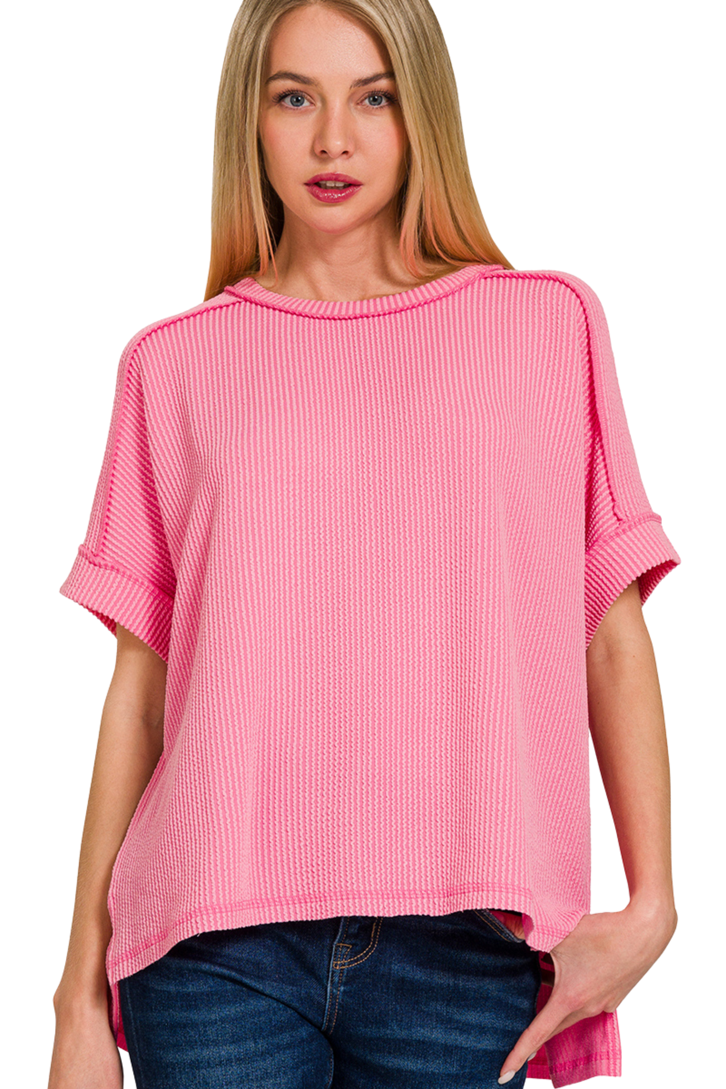 Relaxed Raised Rib Tee with Cuff Sleeves