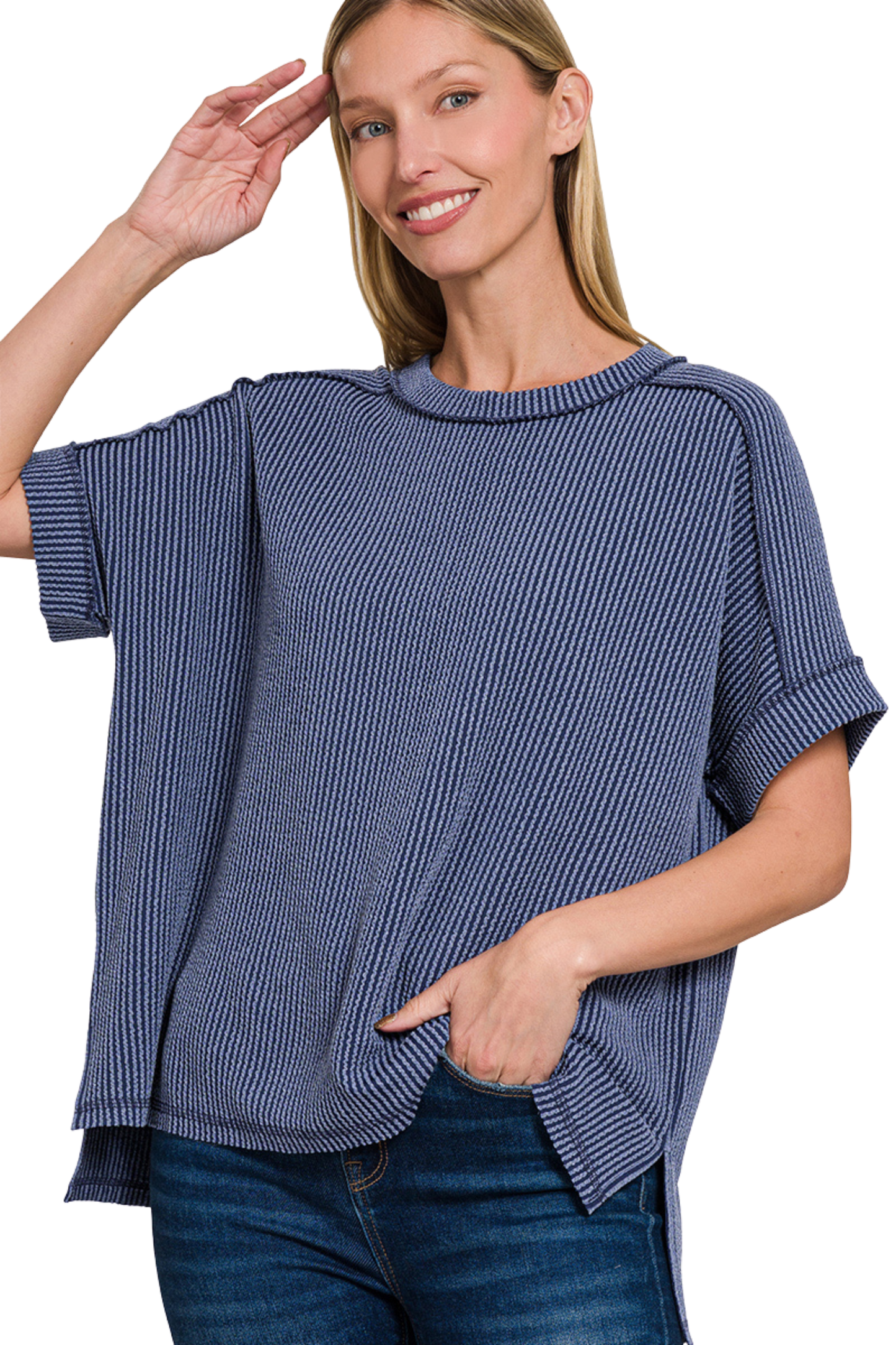 Relaxed Raised Rib Tee with Cuff Sleeves