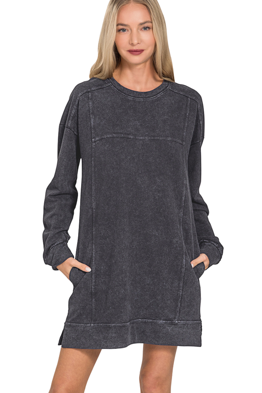 French Terry Acid Wash Long Sleeve Dress