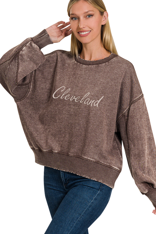 Script Cleveland Hand Stamped Oversized Pullover with Ribbed Sleeves