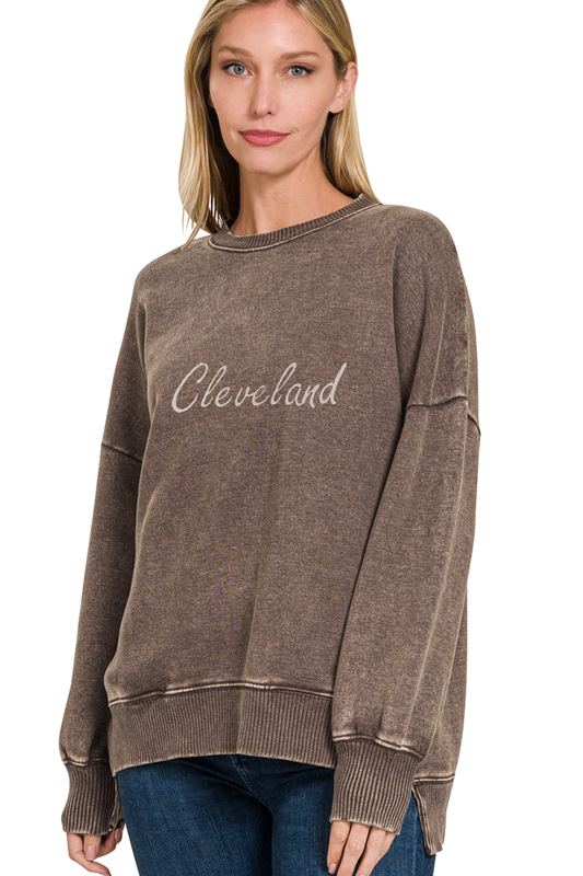 Script Cleveland Hand Stamped Acid Wash Crewneck Sweatshirt