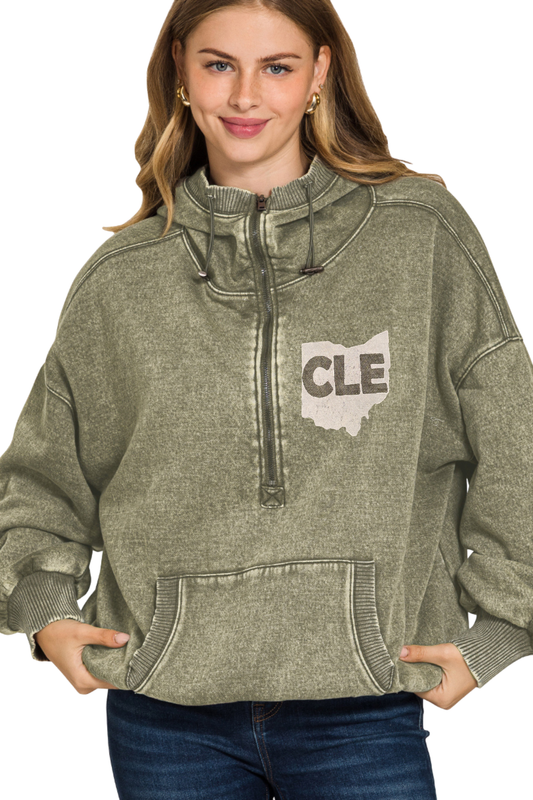 Hand Stamped CLE Ohio Half Zip Hoodie with Cinched Hem