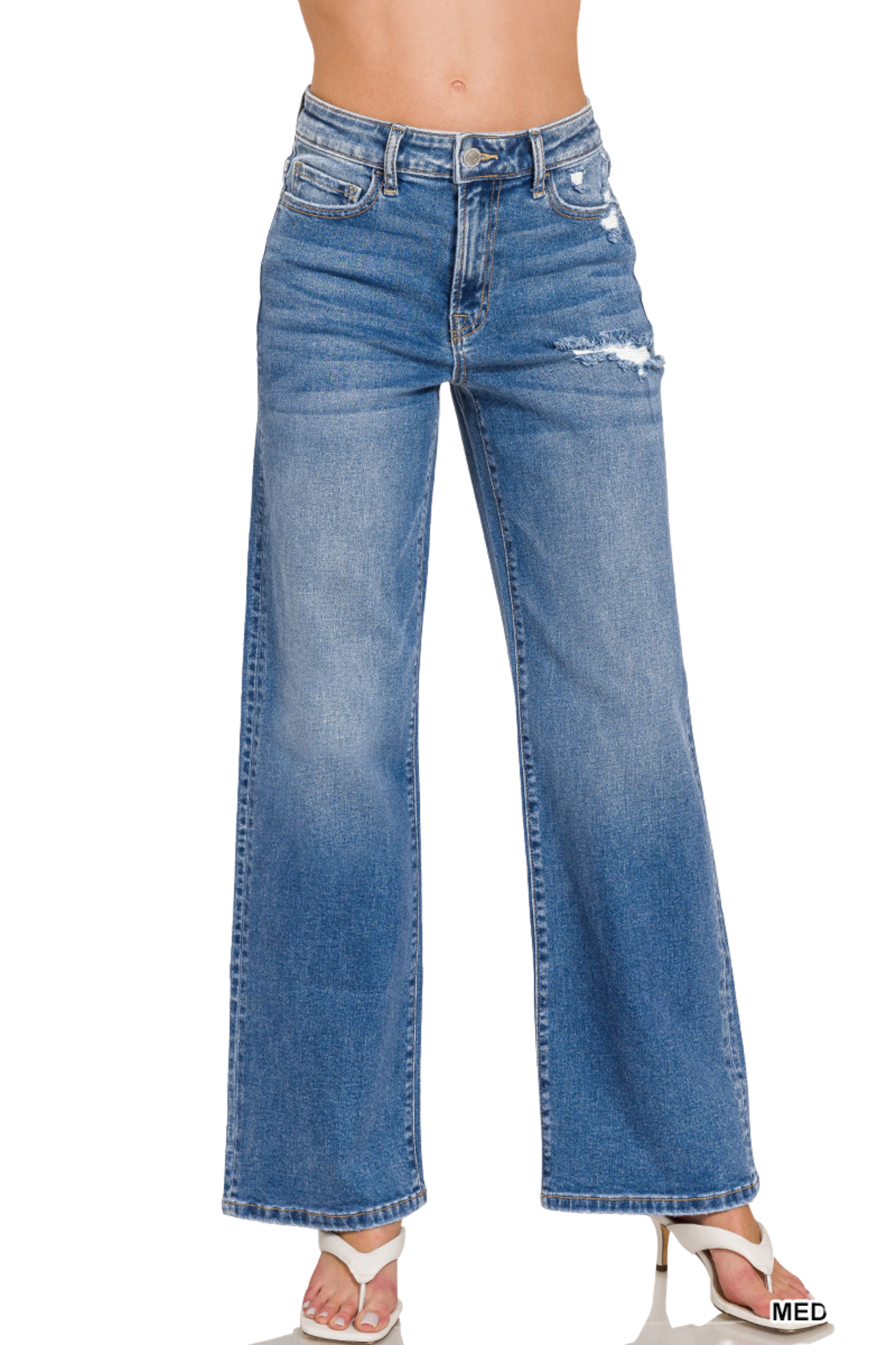 High Waist Relaxed Stretch Jeans with Distressing