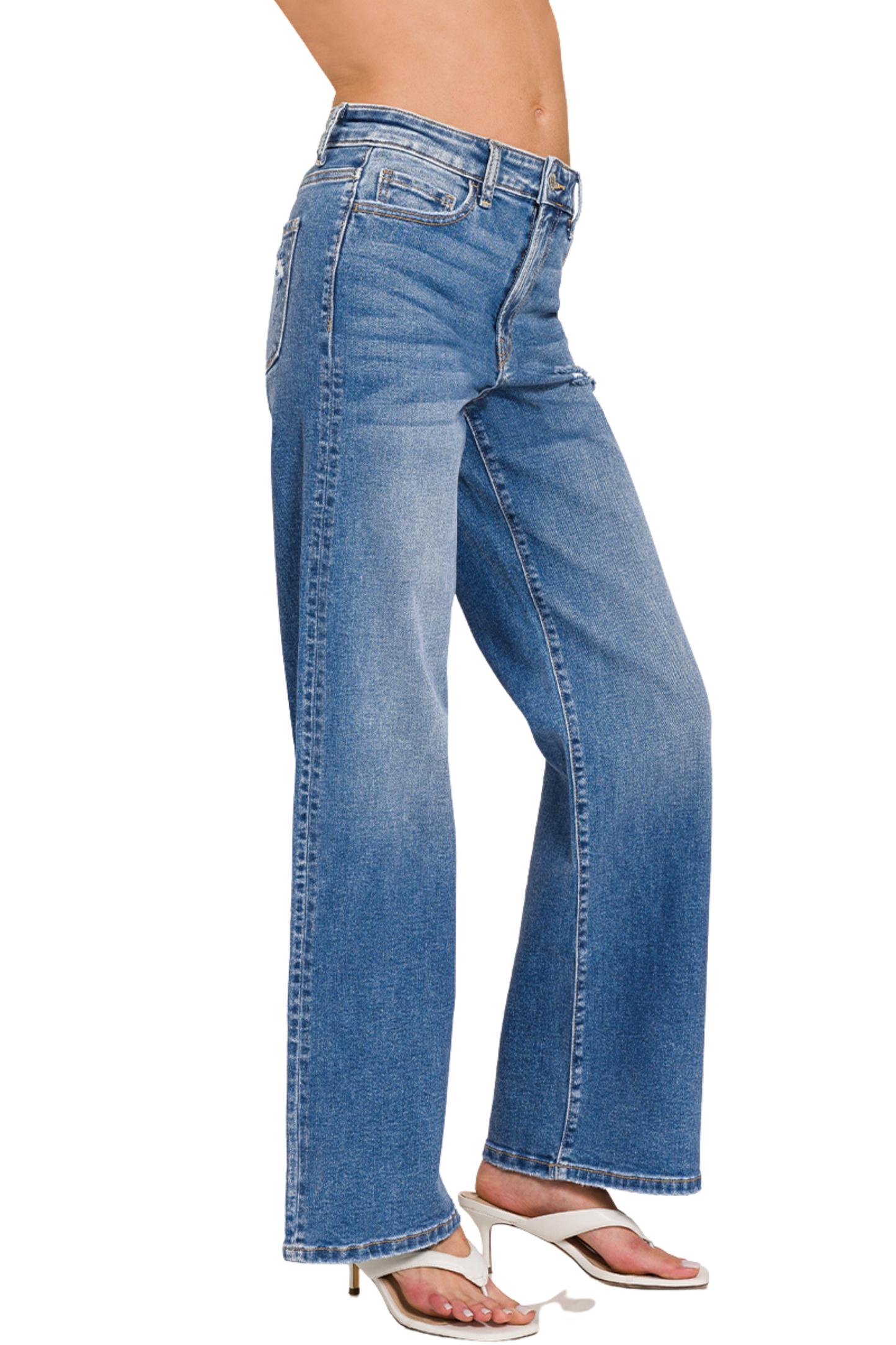 High Waist Relaxed Stretch Jeans with Distressing