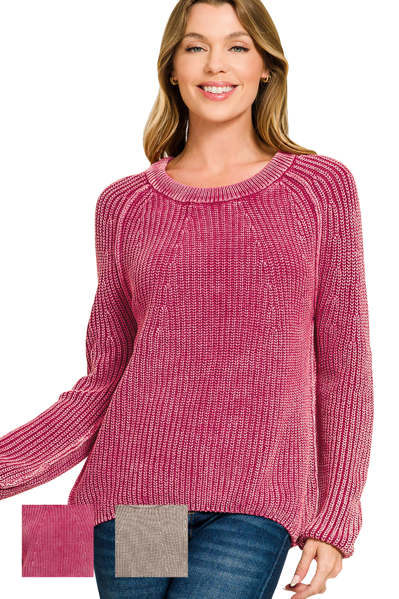 (Large) Stone Washed Balloon Sleeve Round Neck Knit Sweater