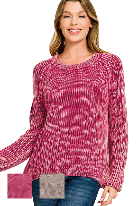 (Large) Stone Washed Balloon Sleeve Round Neck Knit Sweater