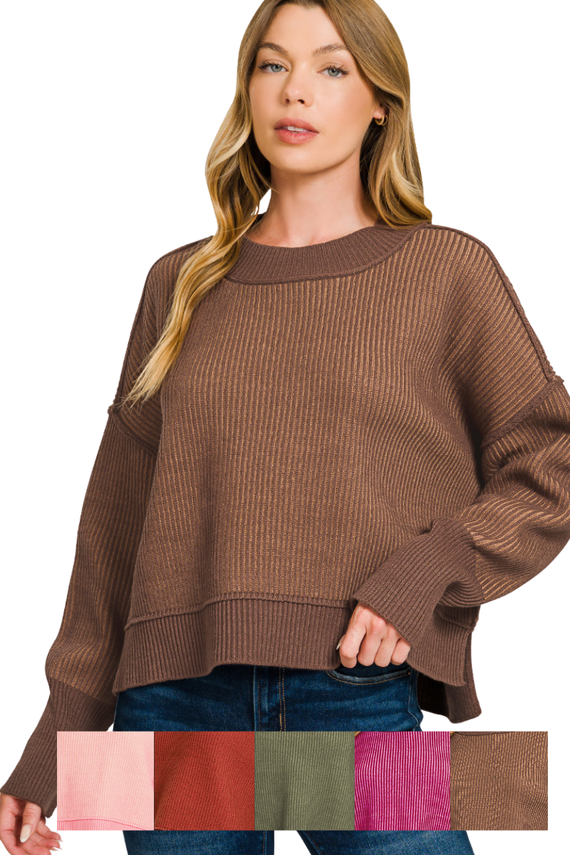 Exposed Seam Mock Neck Two-Tone Knit Sweater