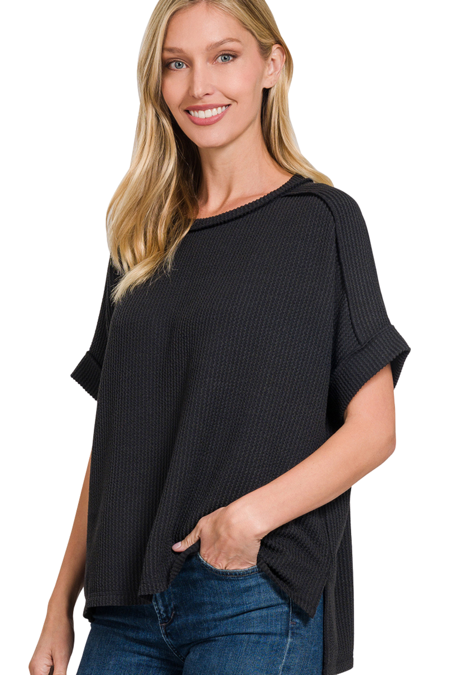 Relaxed Raised Rib Tee with Cuff Sleeves