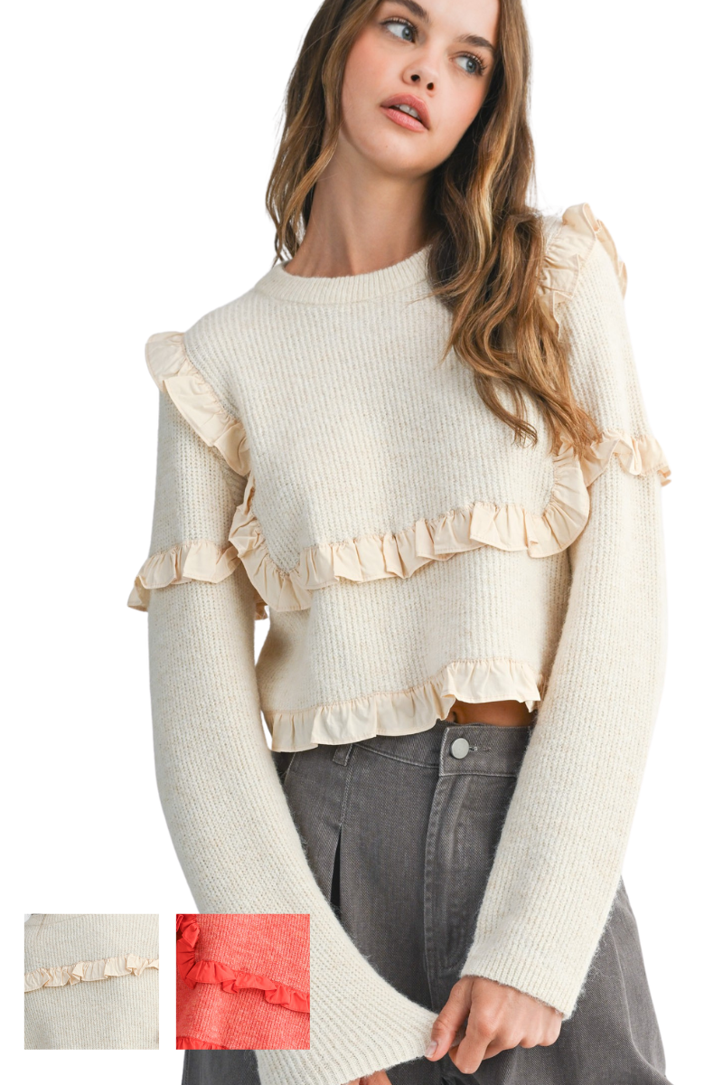 Crew Neck Ruffle Detailed Cropped Knit Sweater