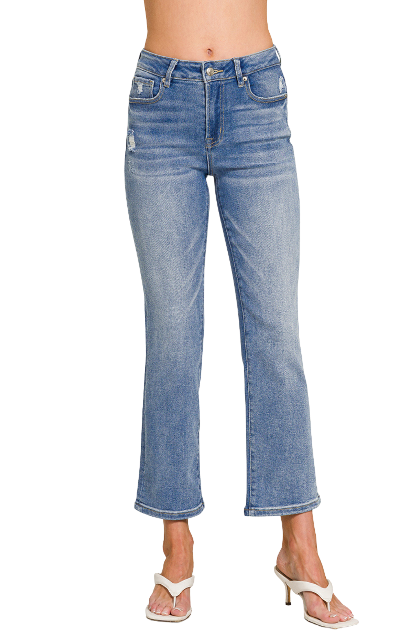Medium Wash Ankle Length Jeans with Light Distressing