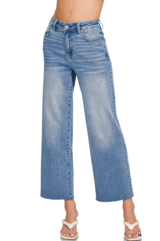 Cropped Wide Leg Raw Edge Medium Wash Jeans