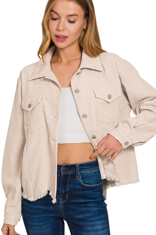 Distressed Corduroy Frayed Hem Cropped Jacket