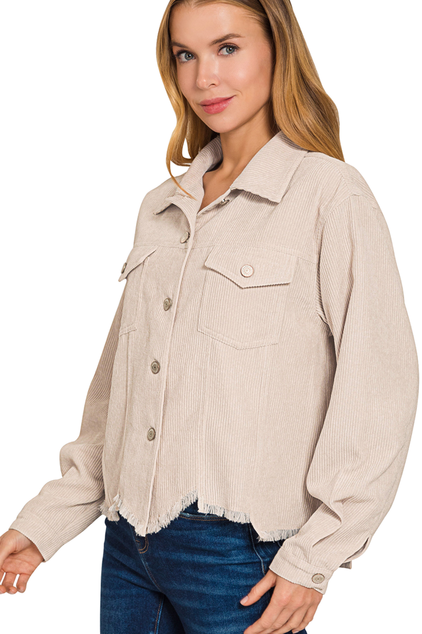 Distressed Corduroy Frayed Hem Cropped Jacket