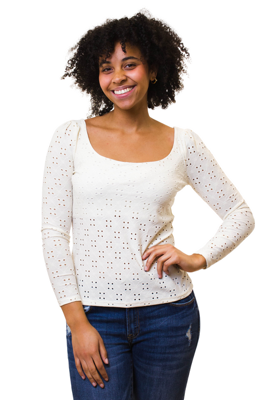Eyelet Square Neck Long Sleeve Top