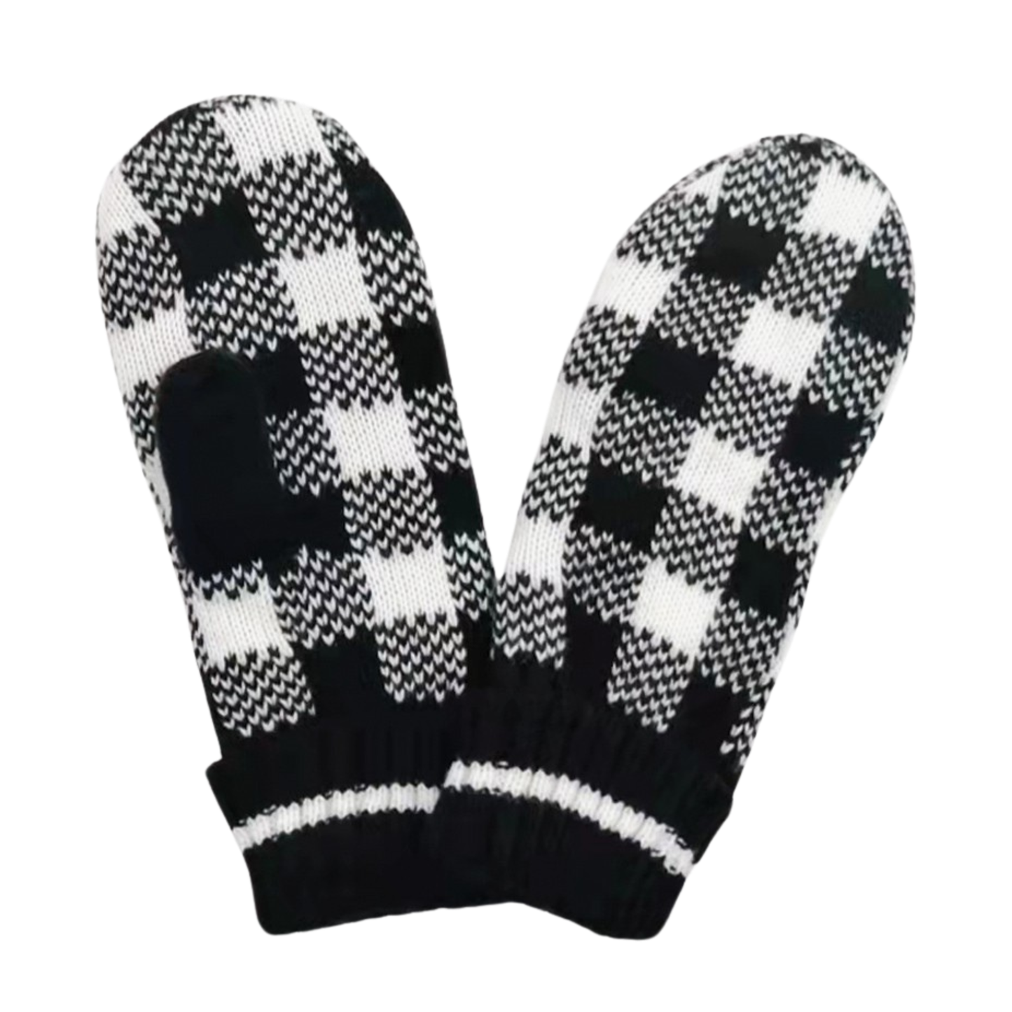 Buffalo Plaid Black and White Knit Mittens