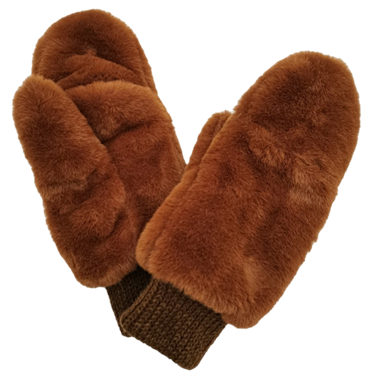 Faux Fur Fold Over Mittens with Knitted Cuffs