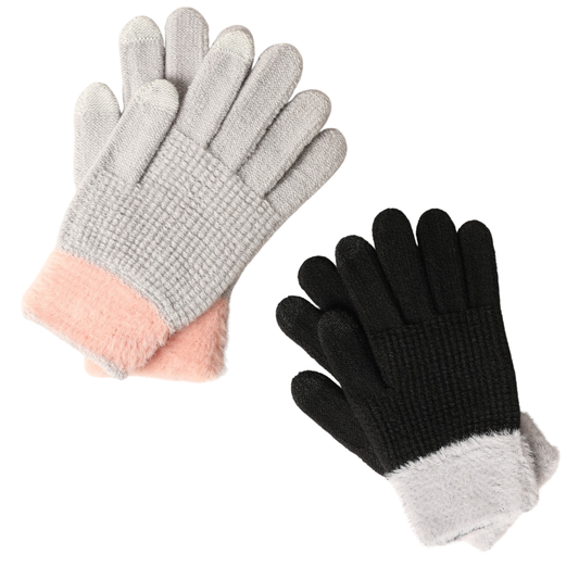 Faux Fur Knit Gloves with Contrasting Color Cuffs