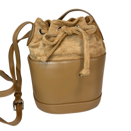 Faux Suede and Leather Bucket Bag with Tie Drawstring with Shoulder Strap