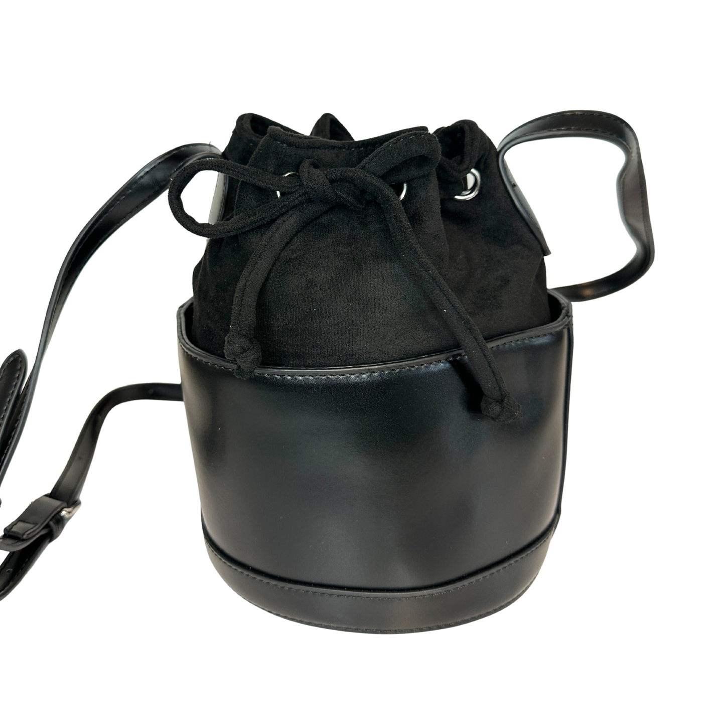 Faux Suede and Leather Bucket Bag with Tie Drawstring with Shoulder Strap