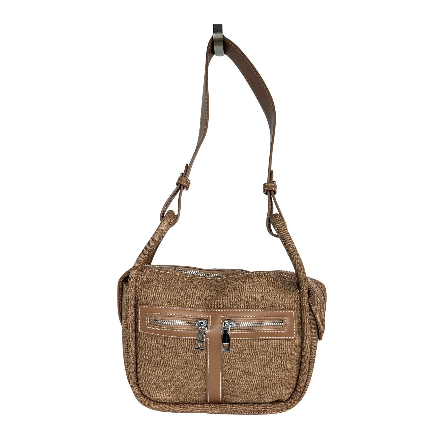 Soft Denim Double Front Zipper Bag with Handles and Shoulder Strap