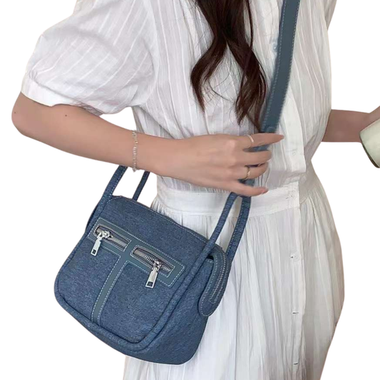 Soft Denim Double Front Zipper Bag with Handles and Shoulder Strap