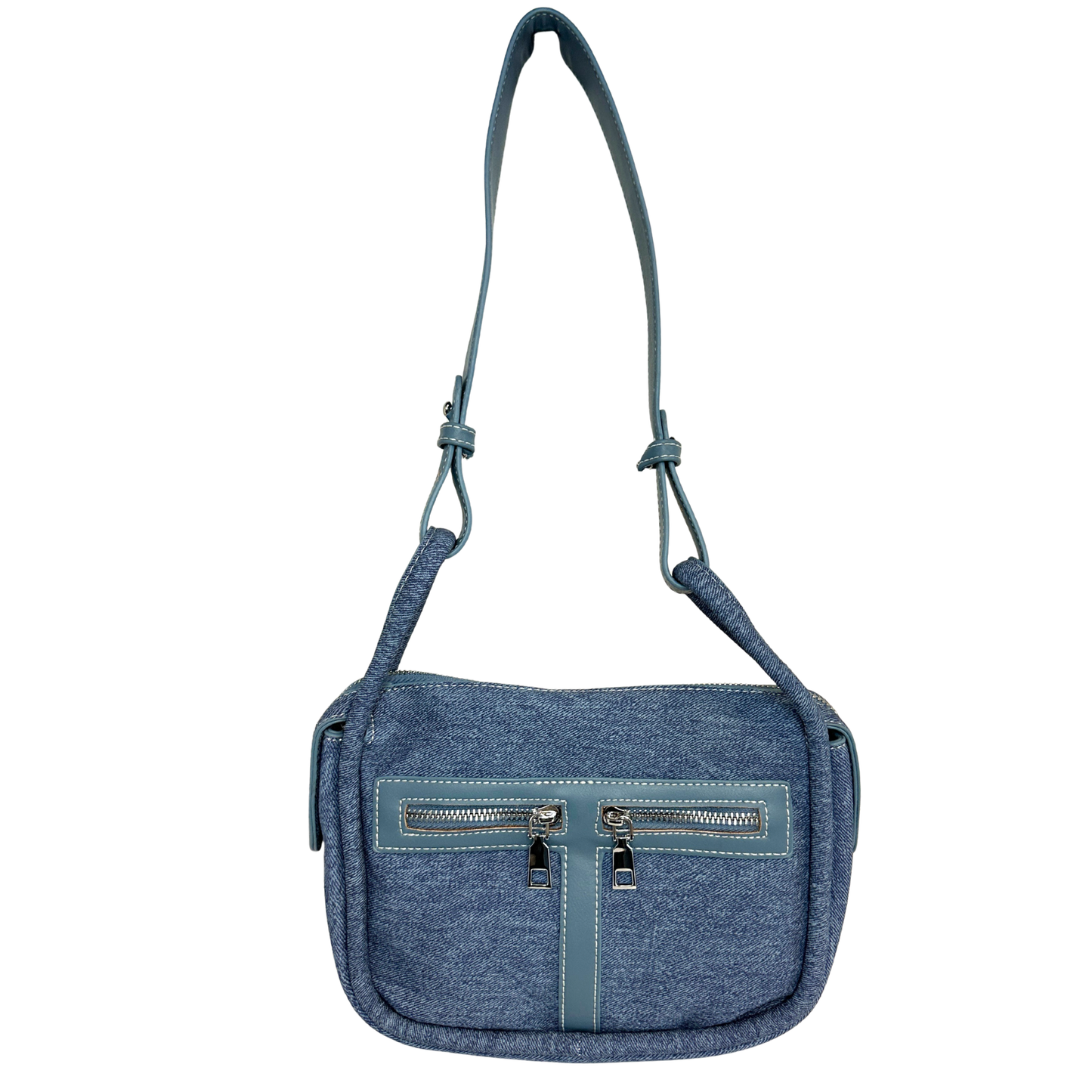 Soft Denim Double Front Zipper Bag with Handles and Shoulder Strap