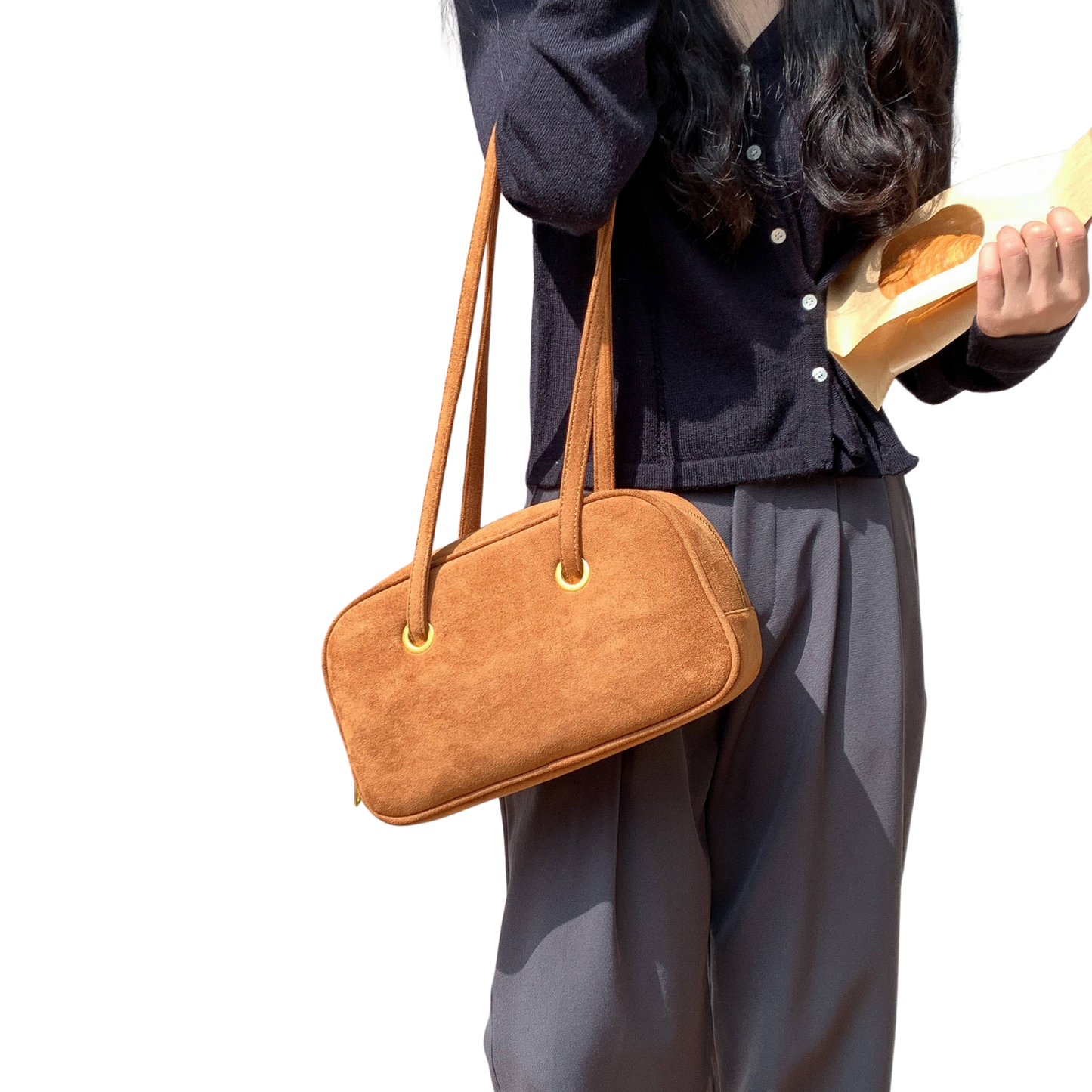 Faux Suede Oversized Rectangular Shoulder Bag with Gold Grommets