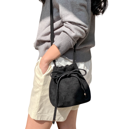 Faux Suede Mini Shoulder Bucket Bag with Tie
