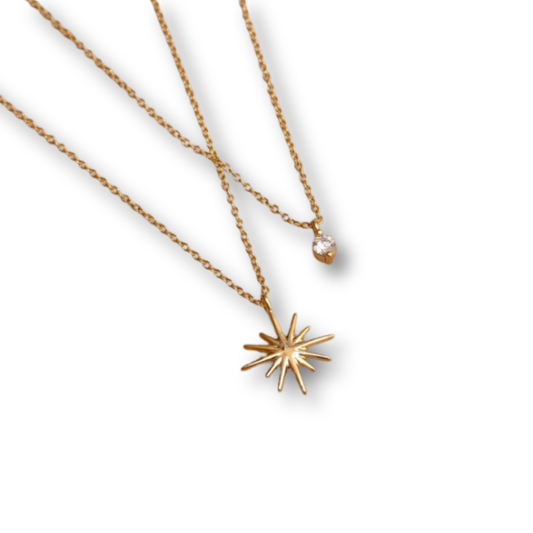 Stainless Steel Crystal and Starburst Layered Necklace