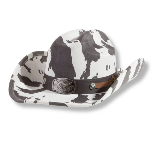 Cow Print Long Horn Buckle Strap Cowboy Hat