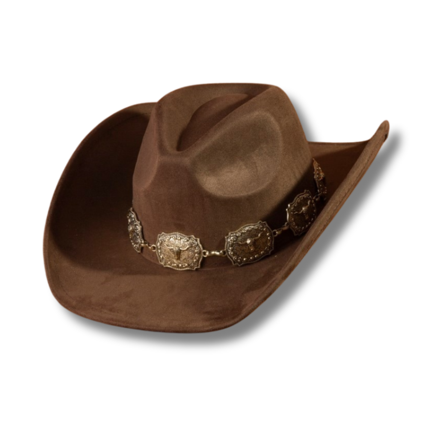 Faux Suede Cowboy Hat with Longhorn Metal Detailing