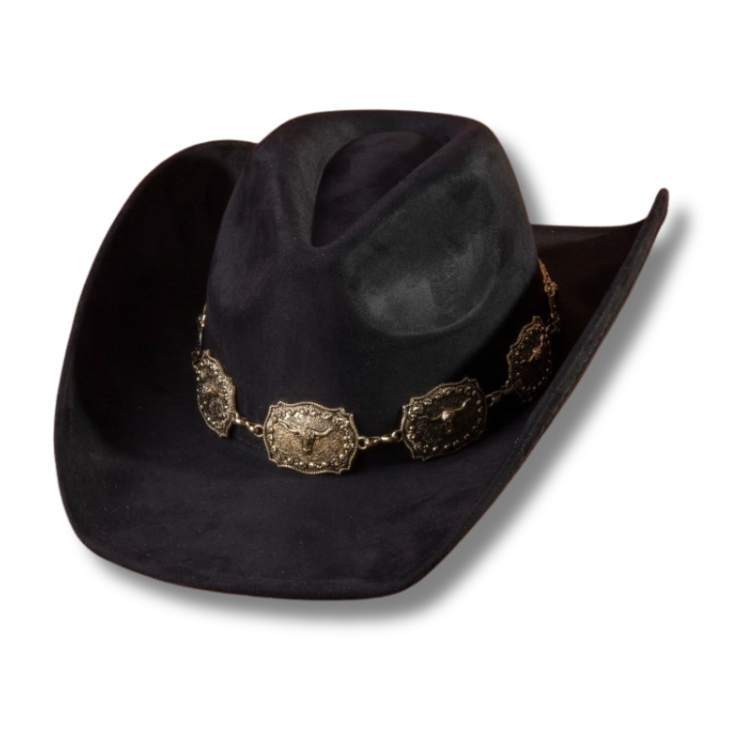 Faux Suede Cowboy Hat with Longhorn Metal Detailing