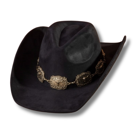 Faux Suede Cowboy Hat with Longhorn Metal Detailing