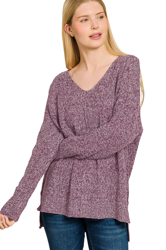 Knit High Low V Neck Sweater with Front Seam