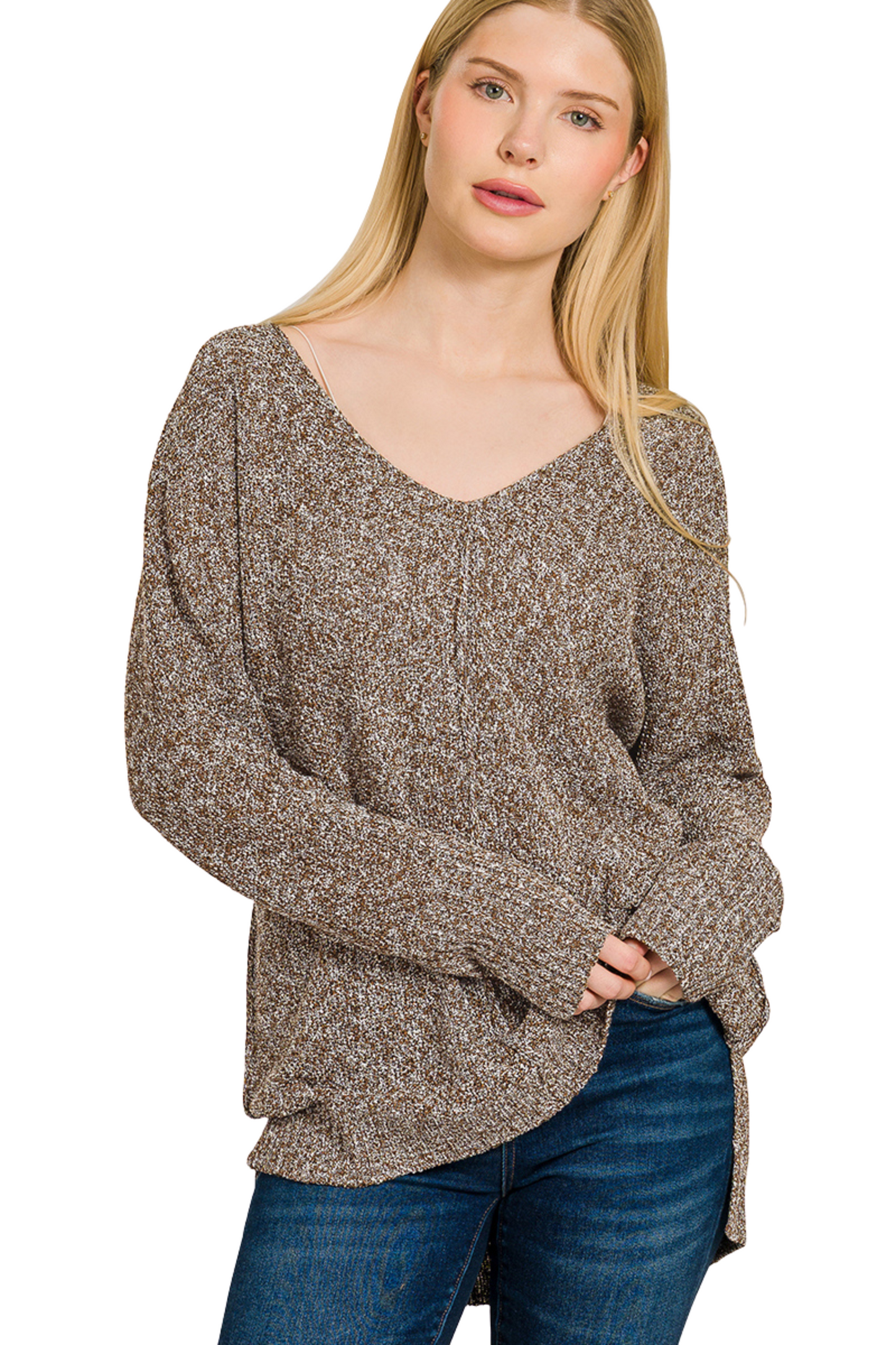 Knit High Low V Neck Sweater with Front Seam