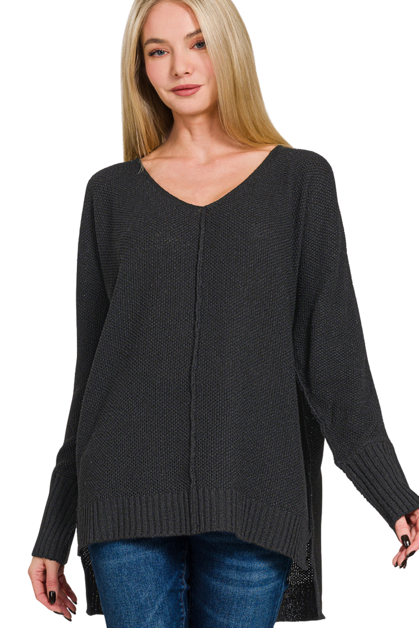 Knit High Low V Neck Sweater with Front Seam