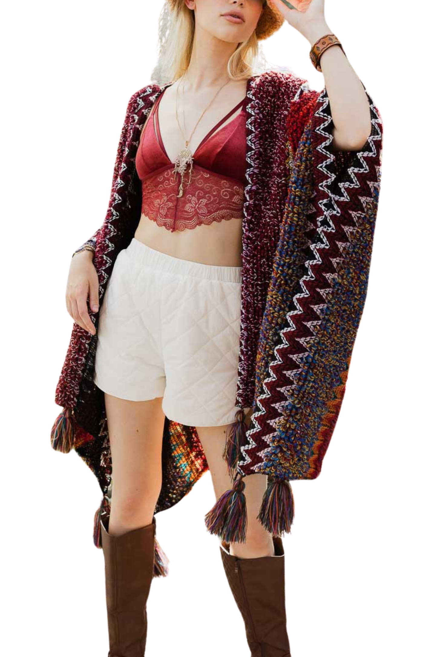 Crochet Knit Tribal Pattern Ruana with Tassels