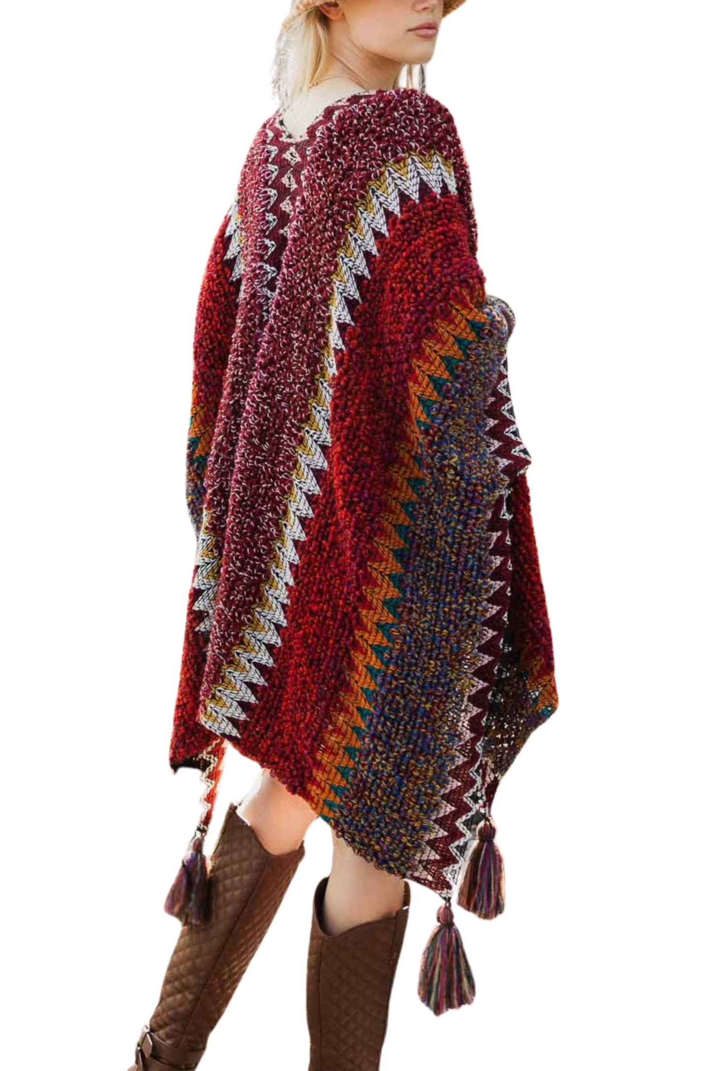 Crochet Knit Tribal Pattern Ruana with Tassels