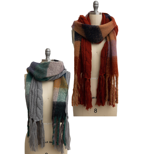Cozy Knit Dual Textured Scarf with Tassels