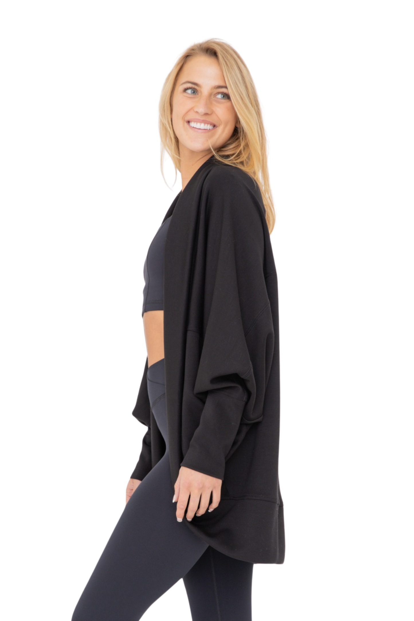 Vegan Leather Detail Waterfall Open Cardigan