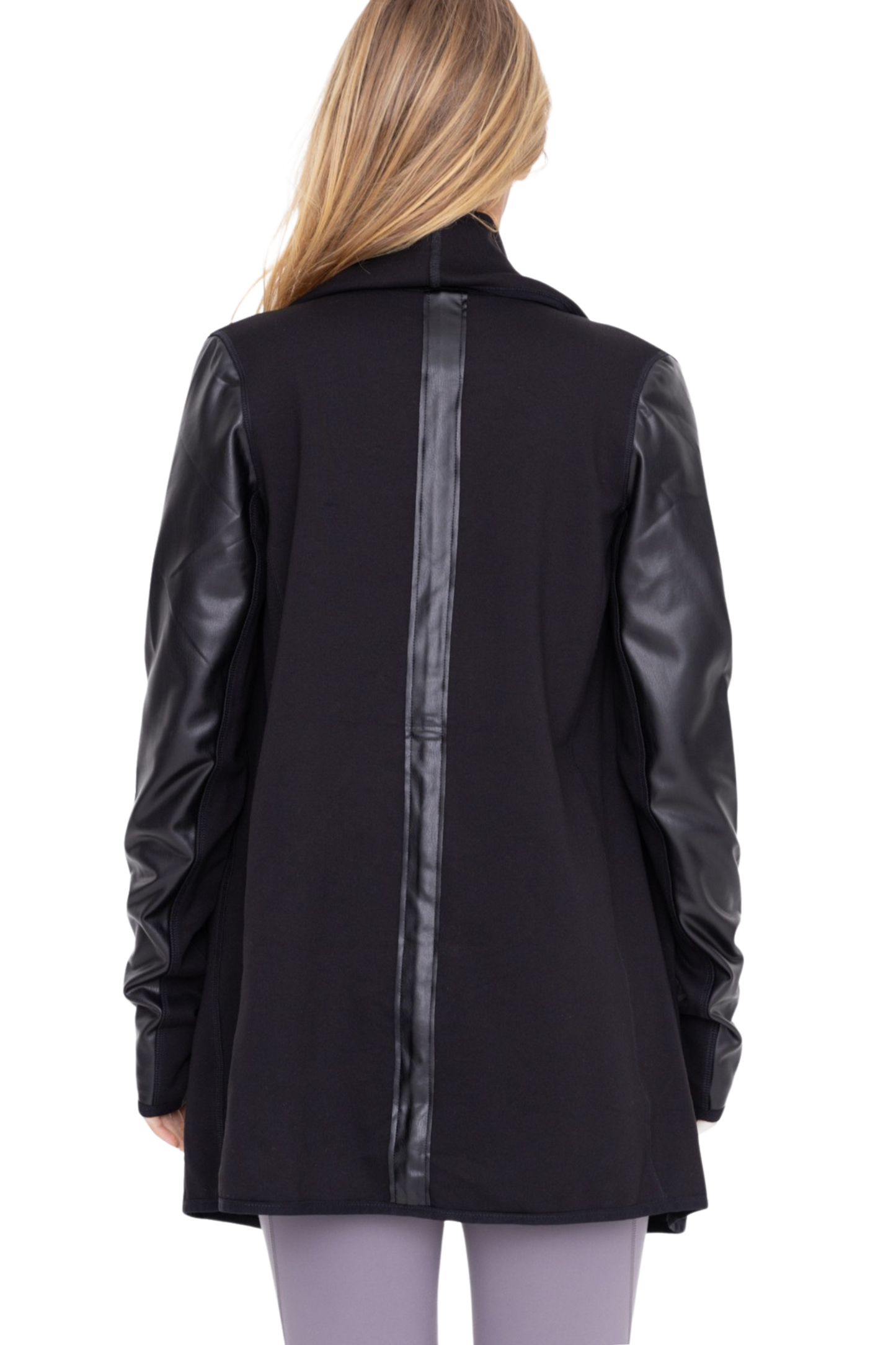 Vegan Leather Detail Waterfall Open Cardigan