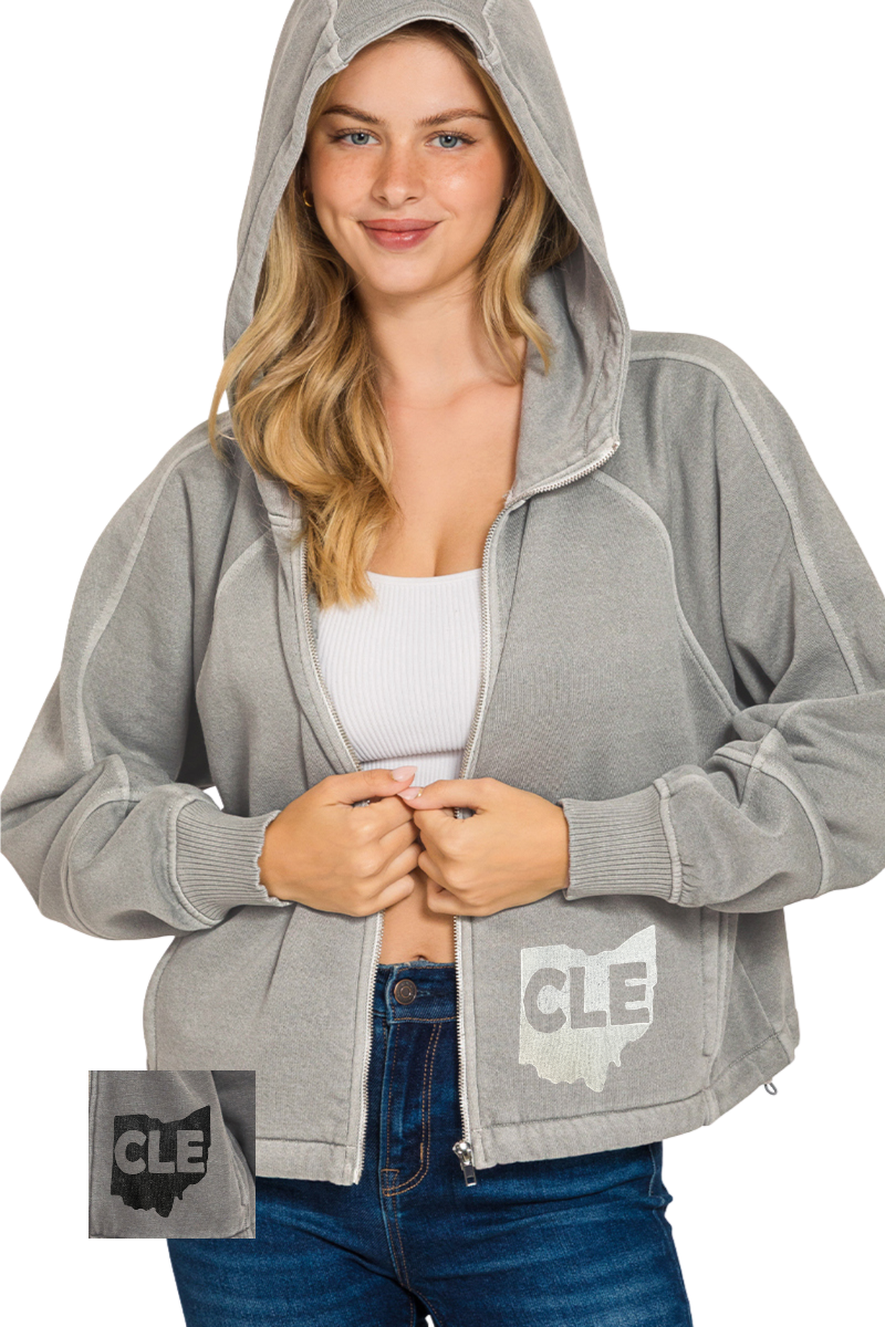 Hand Stamped CLE Ohio Full Zip Hoodie with Chinch Hemline